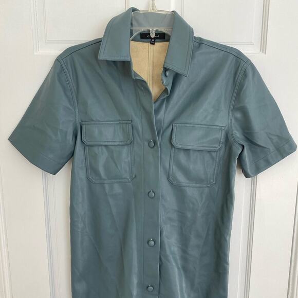 7 For All Mankind Faux Leather Button Down Shirt Collar Dress Blue Tuckernuck XS - Picture 3 of 8